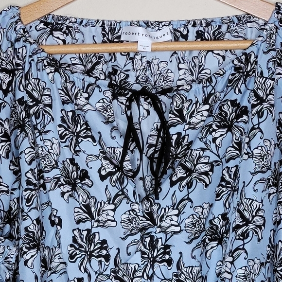 Robert Rodriguez | Blue Black Floral Silk Blouse with Ruffled Split Sleeves - Picture 6 of 6